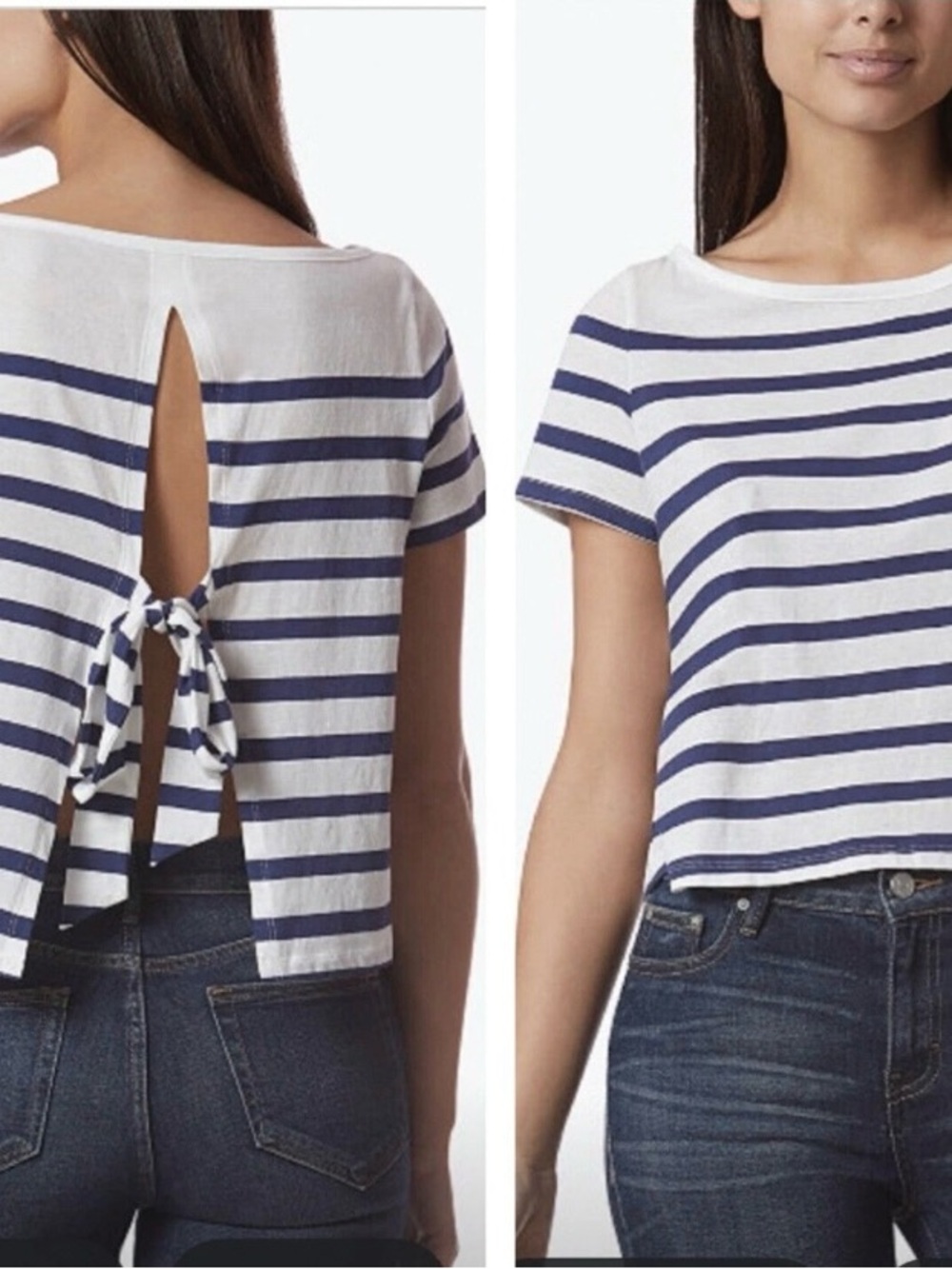 Avec Les Filles Cropped Top Womens XS White Blue Stripe Split Tie Back Shirt